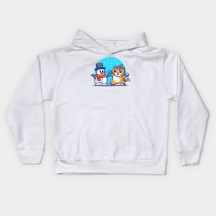 Cute Cat With Snowman Cartoon Vector Icon Illustration Kids Hoodie